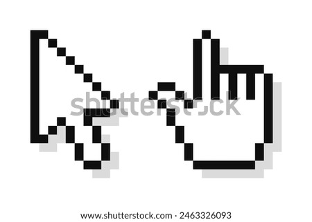 Pixel mouse arrow pointer icon set, video game style. Pixel art cursor arrow, hand.