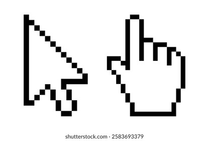 Pixel mouse click cursor icon computer hand click cursor clipart arrow pointer 8-bit game symbols, pixelated classic retro pointer, or pointing sign isolated on white background—vector illustration.