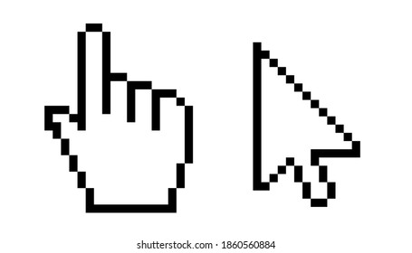 Pixel mouse cursor and hand pointer icon. Clipart image isolated on white background.