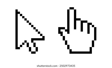 Pixel mouse cursor and hand pointer icon set. Clipart image isolated on white background