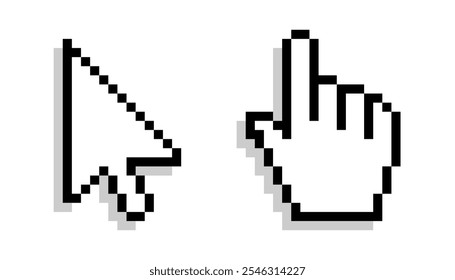 Pixel mouse cursor and hand pointer with shadow icon set. Clipart image isolated on white background