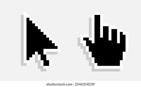 Pixel mouse cursor and hand pointer black icon set. Clipart image isolated on white background