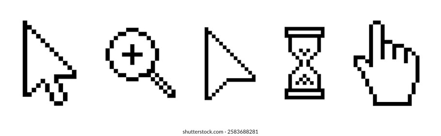 Pixel mouse cursor icon set clipart arrow pointer computer hand click hourglass, magnifier 8-bit game symbols, pixelated classic retro pointing sign isolated on white background—vector illustration.