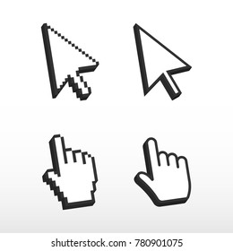 Pixel mouse cursors. Arrow pointer and finger. 3d cursors set.