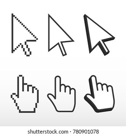 Pixel Mouse Cursors. Arrow Pointer And Finger. 3d Cursors Set.