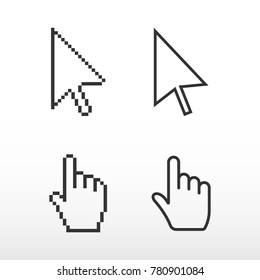 Pixel mouse cursors. Arrow pointer and finger.