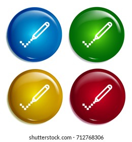Pixel multi color gradient glossy badge icon set. Realistic shiny badge icon or logo mockup