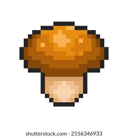 Pixel mushroom isolated on transparent background. Pixelated badge, game asset or computer arcade item. Vegetable icon. Vector pixel art illustration in 16 bit old style.