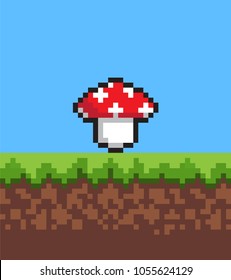 Pixel mushroom on cute 2d meadow, vector banner, square grass and soil, bright blue sky, illustration with pixel amanita with red cap, white spots