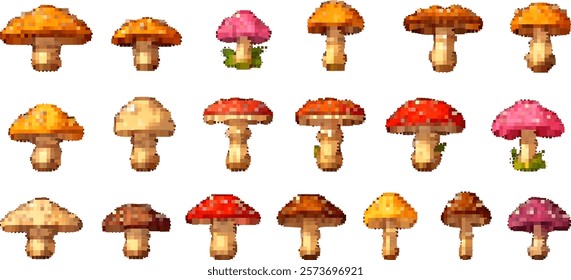 Pixel mushroom vector set with 8bit icons and colorful isolated caps on white background. Perfect for game, retro, or arcade designs.