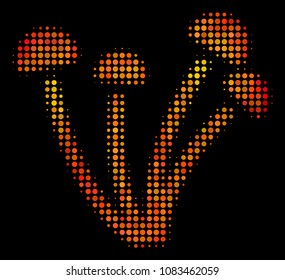 Pixel mushrooms icon. Bright pictogram in fire color variations on a black background. Vector halftone concept of mushrooms pictogram formed with spheric items.