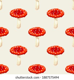Pixel mushrooms. Seamless pattern. Pixel art 8 bit