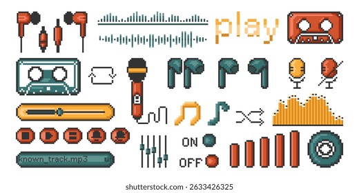 Ícones de música de pixel definidos. Conjunto com fita cassete, fones de ouvido, botões do jogador, microfone, nota de música, volume de som equalizador. Conjunto de elementos de música de 8 bits.