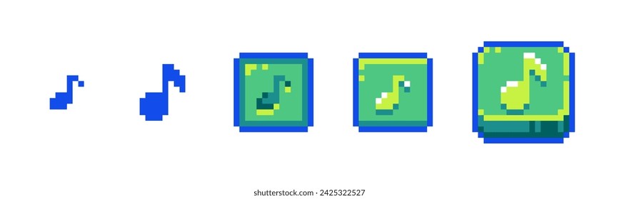 Pixel Music Play Button Icon Set for Retro Game UI. Retro 8-Bit Style Music Note and Audio Soundtrack Buttons	