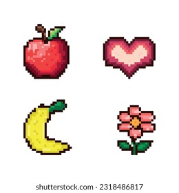 Pixel nbor. A set of symbols for games. pixel apple, banana, flower, heart