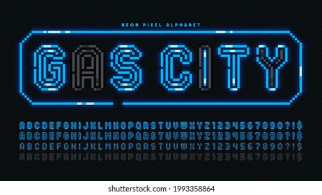 Pixel neon alphabet design, arcade style. High contrast, retro-futuristic. Easy swatch color control.