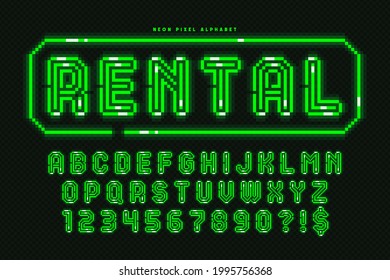 Pixel neon alphabet design, arcade style. High contrast, retro-futuristic. Easy swatch color control.