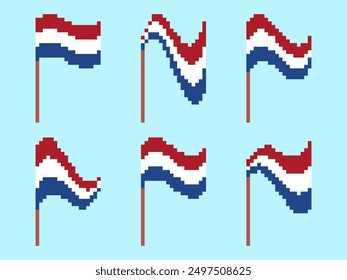 Conjunto de iconos de bandera de los Países Bajos de píxeles aislados sobre fondo blanco. Ondeando la bandera de los Países Bajos en estilo de gráficos retro de 8 bits de los años 80. Diseño en estilo pixel art para Anuncios. Ilustración vectorial