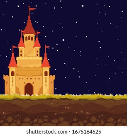 Pixel night castle for games and web sites. Castles and fortresses vector icons. Pixel art. Old school computer graphic style.8 bit.