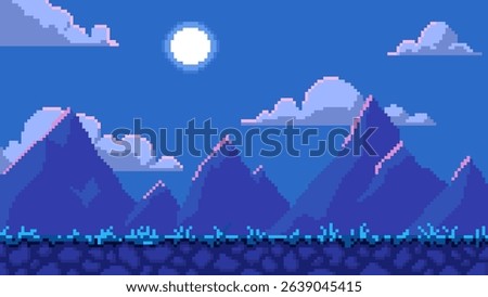 Pixel night landscape with moon, mountains, clouds and rocky terrain in retro 8-bit style. Landscape for video game in 80-90s style. Arcade design of game interface. Vector flat illustration.