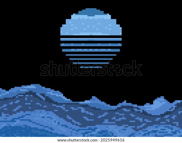 Pixel night sea\
with retro moon. Full moon over the ocean. Retro 8-bit video game\
of the 90s in 2D. Pixel art design for games, apps, banners and\
posters. Vector\
illustration