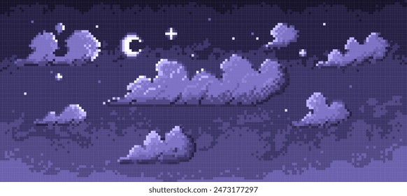 Cielo nocturno de píxeles. Fondo de poliéster bajo retro con estrellas y nubes, escena espacial nostálgica de 8 bits. Ilustración monocroma de Vector