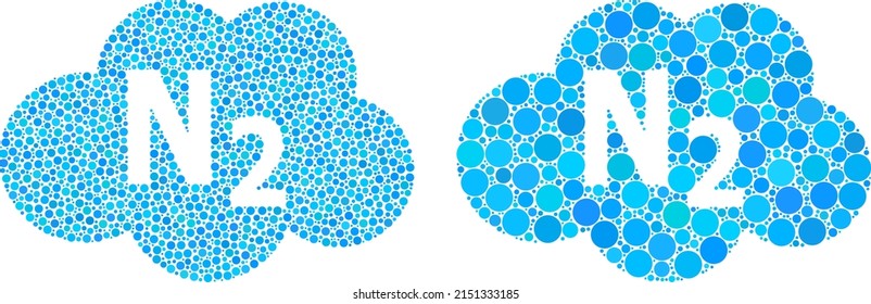 Pixel nitrogen cloud icon. Mosaic nitrogen cloud icon composed of spheric elements in variable sizes and color variations. Vector round elements are grouped into mosaic nitrogen cloud icon.