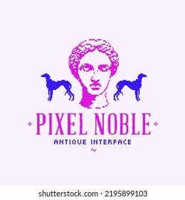 Pixel noble interface modern classics logo template with antique statue head, dogs collage. 80s-90s aesthetics poster, t-shirt print vector illustration in pixel art retro vaporwave 8-bit style emblem