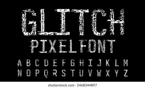 Pixel Noise Glitch Type Font. Vector Alphabet Letters Isolated on Black Background. Distorted Glitched Pixels Effect ABC Uppercase Characters. Retro Game Poster Style Signs Set. Vector Illustration.