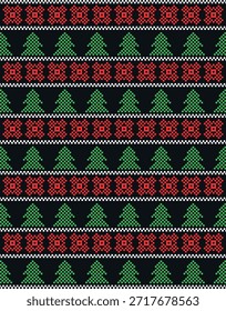 Patrón de Navidades nórdicas de píxel con adornos rojos y árboles verdes sobre fondo negro