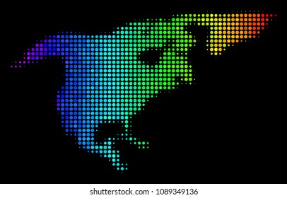 Pixel North America map. Halftone geographic plan using rainbow color shades with horizontal gradient on a black background. Vector pattern of North America map designed of filled spheres.