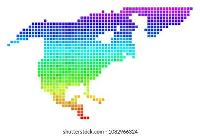 Pixel North America map. Vector territory map in bright spectrum color tones with vertical gradient. Multicolored vector composition of North America map created from square points.