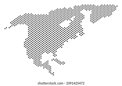 Pixel North America map. Vector geographic plan. Cartographic concept of North America map constructed of spheres.