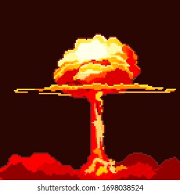 Pixel nuclear bomb. Nuclear explosion. Pixel art 8 bit vector. Game icon