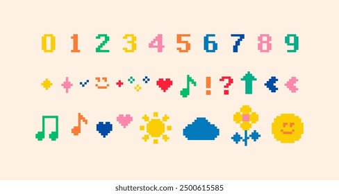 Número de píxel. Elementos de diseño ingenuos divertidos. Icono colorido infantil en el arte del pixel. Sol, corazón. Sentimiento de la estética de los 90. Ilustración vectorial de estilo retro de 8 bits para el diseño de los niños, juego, Web, impresión, tarjeta