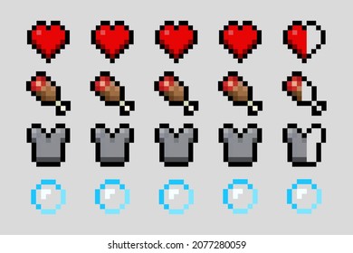 Pixel object patterns. Valuable ores, minerals, resources for crafting. Pixelated hearts, food, meat, armor, air. Elements of an eight-bit game.  Vector illustration EPS 10