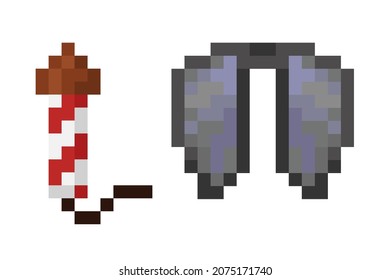 Pixel object templates. Game wings and fireworks concept. Elytra is a very rare item that allows the player to float in the air. Vector illustration EPS 10.