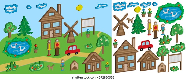 The pixel objects and figures for education and children's games