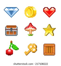 Pixel objects for games icons photo-realistic vector set