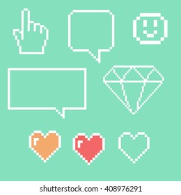 Pixel objects for games icons  vector set. Social Networking Speech Bubbles: Smiley,  Love
