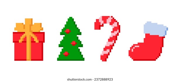 Pixel-Objekte eingestellt. Weihnachtsbaum, Socken, Bonbons, Geschenkartikelsammlung pixeliger Elemente. Xmas Pack für 8-Bit-Videospiele. Weihnachten- oder Neujahrsdekorationsbündel. Vektorgrafik