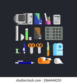 Pixel office accessories set.8 bit objects.Desktop computer, File keeper,File box, calculater, ruler, pencil, cutting plate, scissors, tape, cutter and blue pen.8bit art vector.