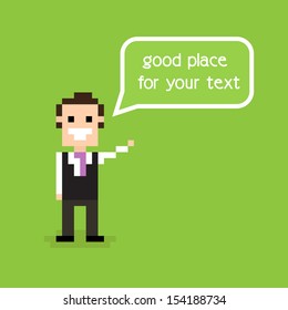 Pixel office man staying alone and greeting with speech bubble