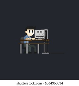 Pixel office worker.8 bit male office worker do hardworking on his computer.8 bit art vector illustration.