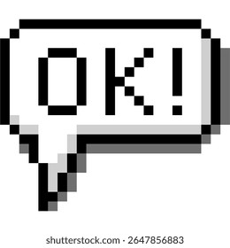 Pixel "ok" text in pixel bubble speech vector, featuring a retro, 8-bit style. Ideal for gaming confirmation, digital acceptance, vintage tech messages, or nostalgic interface elements.