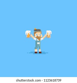 Pixel old man cheer up.oktoberfest.8bit character.