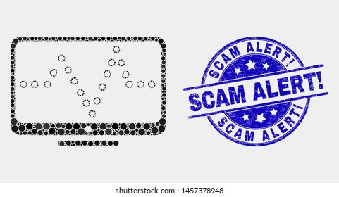 Pixel online dotted chart mosaic pictogram and Scam Alert! seal stamp. Blue vector rounded grunge seal stamp with Scam Alert! phrase. Vector composition in flat style.