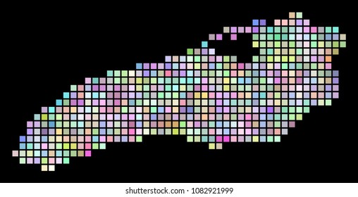 Pixel Ontario Lake map. Vector geographic map in smoothed irregular colors on a black background. Vector composition of Ontario Lake map designed with regular small squares.
