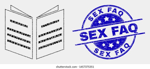 Pixel open book mosaic icon and Sex FAQ seal. Blue vector rounded grunge seal stamp with Sex FAQ caption. Vector composition in flat style. Black isolated open book illustration of randomized spheres,