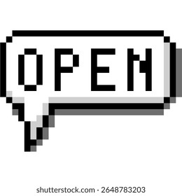 Pixel open bubble speech vector, indicating availability or new content in a retro style. Ideal for digital interfaces, gaming, or nostalgic communication, suggesting interaction.